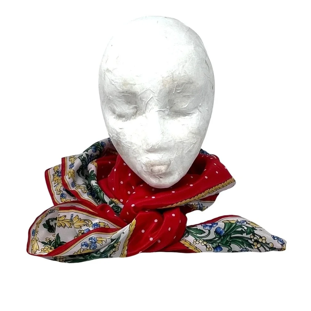 Red Floral Polka Dot Women's Square Scarf Preppy Old‎ Money French Girl Office